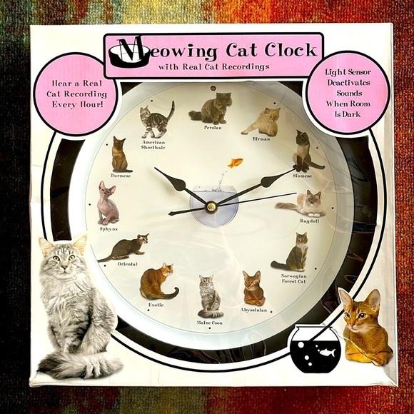 Brand New Meowing Cat Clock Real Cat Recordings Every Hour Popular Breeds Round - Picture 14 of 14